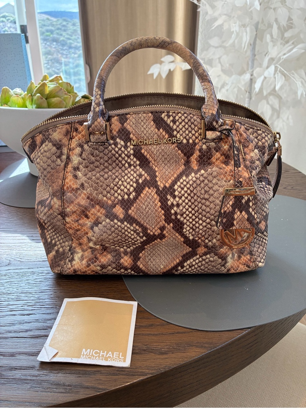 Michael Kors Brown and Tan Astor  Snake-Print Satchel - Picture 9 of 15